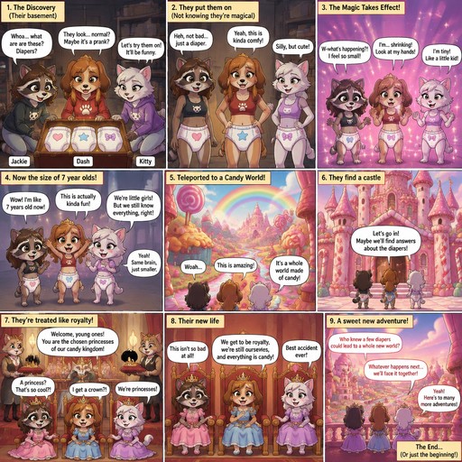 A multi panel comic about a teenage female anthropomorphic raccoon named Jackie, a teenage female anthropomorphic dog named Dash, and a teenage female anthropomorphic cat named Kitty. The comic starts with them is a basement where they find three magic diapers, they don’t know they are magic and decide to put them on. After they put them on they start shrinking to the size of 7 year olds, they talk like 7 year olds but their brains are the same. After transforming they get teleport to a world made of candy. Then they walk into a castle where they become royals