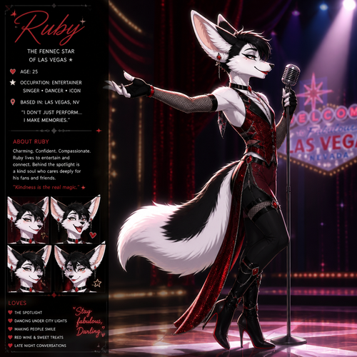 A well-made Black/white furred fennec Fox male named Ruby, wears something attractive for entertainment for a show by self to dance/sing. Wears eyeliner and lipstick. Has a bushy tail. A grown femboy anthro. A star in Las Vegas. Well groomed. Side view. Animated verse. Has good personality.