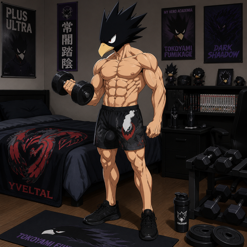 Tokoyami Fumikage wearing Darkrai themed shorts with a bulge, shirtless showing off 16 pack of abs, and black tennis shoes. He is in his bedroom lifting weights. On his bed is a Yveltal towel. Anime style, solo, full body.