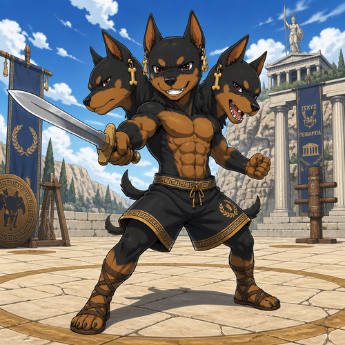 A elementary school aged male anthropomorphic Cerberus wearing Greek inspired shorts, shirtless showing off a 16 pack of abs, Greek sandals, and golden bone earrings. He is in a Greek training grounds practicing his sword work. Anime art style, solo, full body.