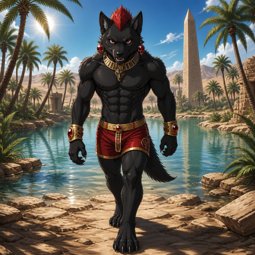 A middle school aged male black dire wolf wearing Egyptian inspired red short shorts, shirtless showing off 16 pack of abs, gold bracelets with ruby gemstones inlaid in them, gold choker with a Anubis design on it, ruby earrings that look like skulls, and short red mohawk. He is aggressively walking through a Oasis located in the desert. Anime art style, solo, full body.