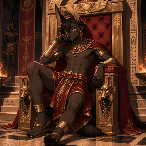A middle school aged male anthropomorphic jackal with 4 pack of abs wearing an red colored Egyptian prince outfit with gold bracers, ruby earrings, and obsidian rings but no shirt. He is sitting on a throne bored. Anime art style, full body.