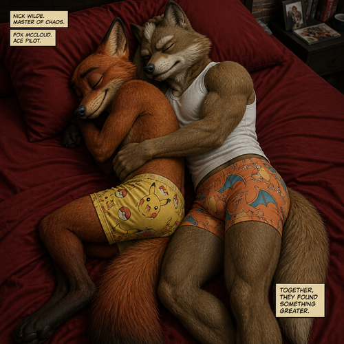 Nick Wilde wearing Pikachu style boxers sleeping on a big bed with red sheets. Sleeping next to him is his boyfriend Fox McCloud wearing tight Charizard style boxers and a white sleeveless shirt. Realistic style look with a comic book aesthetic.