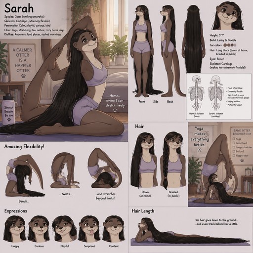 A lanky female anthropomorphic otter named Sarah, has a skeleton made of cartilage making her EXTREMELY flexible, is flexible enough to stretch in ways that impossible for most people, long black hair that goes down to the ground and even trails behind her a little, wears her hair down at home but braids it when in public, is at home doing yoga, reference sheet