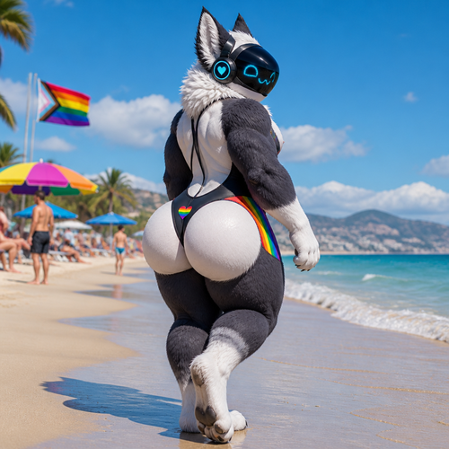 A well-made fluffy gay Protogen male character. Has thick thighs and a big round buttocks. Wears a swimsuit. Has no tail. Walking around the beach.
