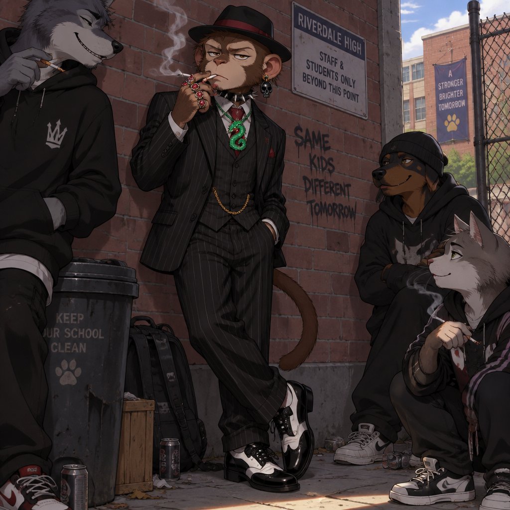 A middle school aged male monkey with a tail wearing a stereotypical American gangster outfit with obsidian skull earrings, ruby rings on all fingers on his right hand, and an emerald dragon pendant on a tight spiked collar. He is behind the high school leaning against the wall smoking with friends. Anime art style, full body.
