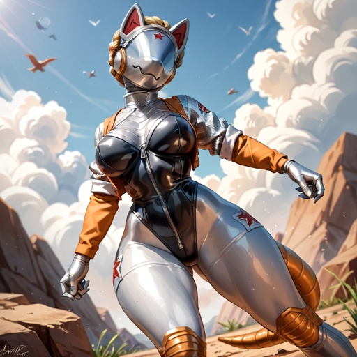 A busty female adult Protogen with thick thighs, wide hips, and fluffy neck in the Atomic Heart universe that can’t resist the level of rock and role. *well-made art & view* *in Atomic Heart the video game* *a sexy tomboy character also badass* *plays a electric guitar at the metal band on stage*