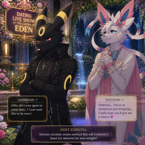 In a dating live show at the garden of Eden (a well-made animated version) a grown non-rich anthro Umbreon male that wears a gothic jacket that is unhappy and doesn’t want to be there and wanted to lose while a super rich grown anthro Sylveon male that wears some elegant clothes who likes him but he don’t. In a well-made anthropomorphic Pokemon universe.