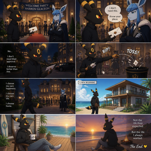 A non-rich grown Umbreon male who change his mind while reject and ripped the envelope and toss it to a trash can of a billionaire Glaceon (the Barron) welcoming party at the city mansion to look bad. Chooses a home. Lives on a small modern house at the beach. Well-made animated version. A good ending. A anthropomorphic verse. Side/front view.