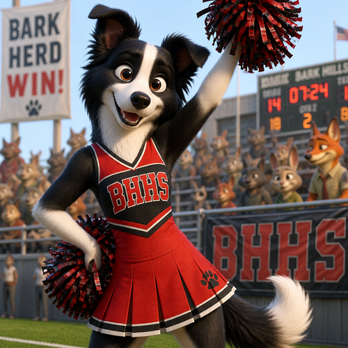 Anthropomorphic border collie cheerleader in a red and black uniform, Zootopia style animation 