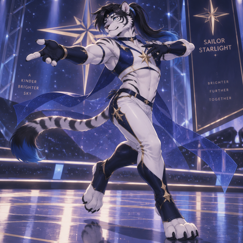 Male, anthro white tiger, digitigrade footpaws, thick black hair with blue tips, hair in a long ponytail, blue eyes, Sailor Starlight, Dancing

