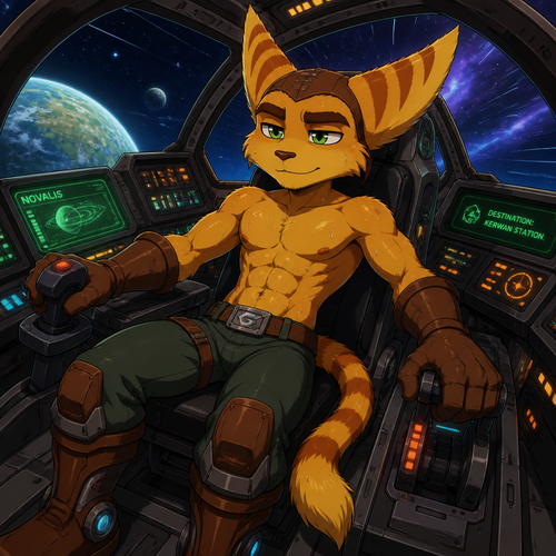 Ratchet from Ratchet and Clank flying in his spaceship without a shirt because of how sweaty he is from working. Anime art style, solo, full body.