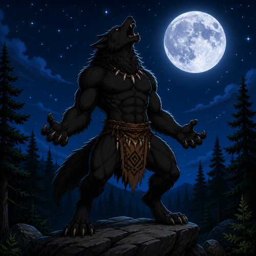 Male black werewolf wearing a tribal loincloth. It is nighttime in a forest with a full moon in the night sky with stars brightly shining in the sky. The werewolf is howling at the moon. Cartoon art style.