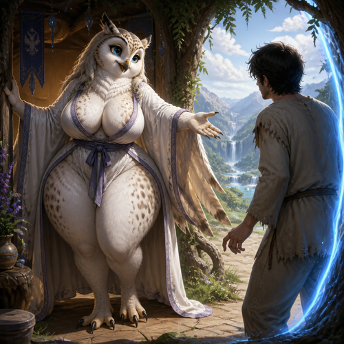 A lovely well-made friendly anthropomorphic adult female Evian owl that wears a robe and has thick thighs, wide hips, large breasts, and furry who’s comfortably greeted a shy human man that came from a portal in fell on earth before the fall of man. (A well-made view)
