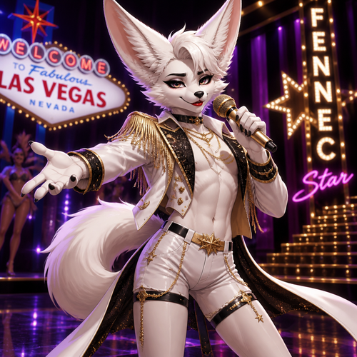 A well-made white furred fennec Fox male, wears something attractive for entertainment for a show to dance/sing. Wears eyeliner and lipstick. Has thin thighs and a bushy tail. A grown femboy anthro. A star in Las Vegas. Well groomed fur. Animated verse.