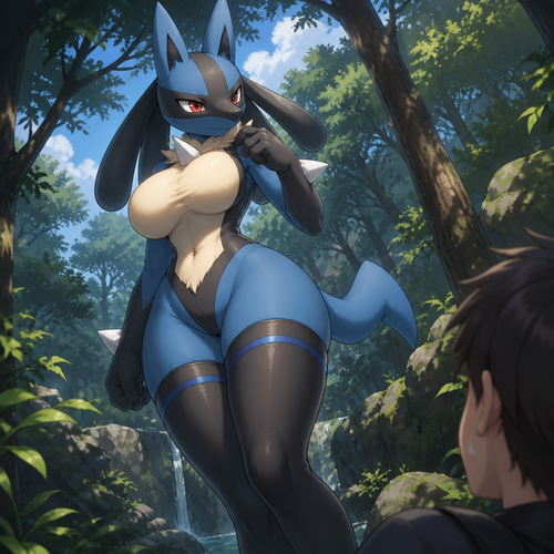 A large female wild Lucario with thigh highs and a bust just spotted a human in a wild and looking curious and confident. Well-made animated version.