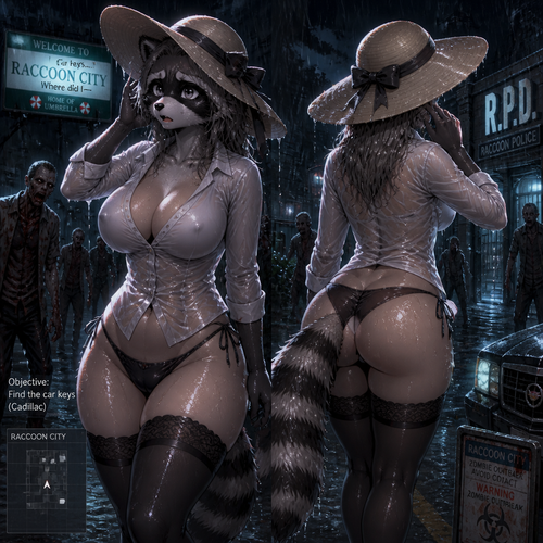 A well-made adult female raccoon character with a shirt on that has thigh highs and boobs who’s looking for something like a car keys for a caddy also wears a sun hat. Anime version. At the Raccoon city and didn’t realize there’s zombies around. Front/Backshot view. All wet in a rain at night.