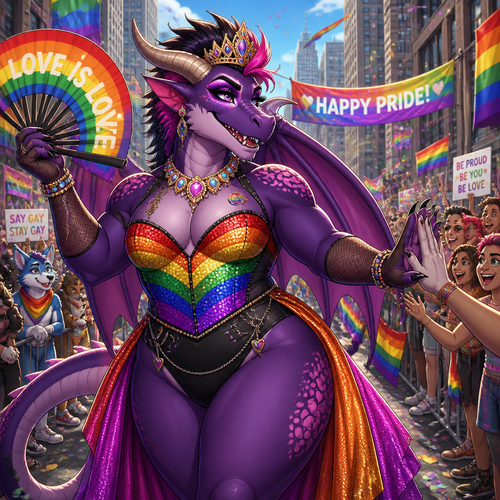 A beautiful adult anthro Dragon male as a drag queen with thick thighs and makeup on today’s pride day in a city parade. So friendly and supportive. Animated verse. Humans and anthros.