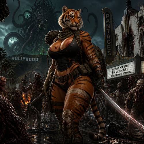 A busty well-made adult anthro Tiger that has thick thighs and survival gear on and holding a saber sword facing a mixed up dark spicy lovecraft zombie apocalypse, in Hollywood alone. 