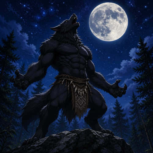 Male black werewolf wearing a tribal loincloth. It is nighttime in a forest with a full moon in the night sky with stars brightly shining in the sky. The werewolf is howling at the moon. Anime art style.