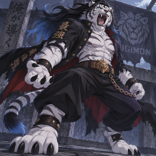 Male, white tiger, blue eyes, long black hair with blue tips, digitigrade footpaws, black sideways crescent on forehead, anime style, banchou leomon, digimon, roaring