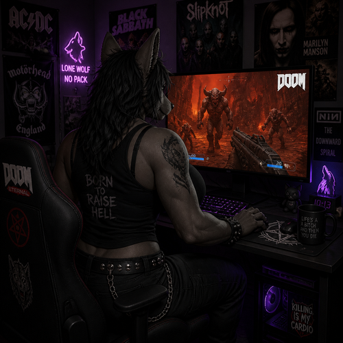 A busty tomboy dire Wolf female that wears a tank-top while facing a scariest action game DOOM (2016) on PC for her views. Well-made animated version view. Wears eyeliner and lipstick. A goth and hard rock fan. Rear  view.