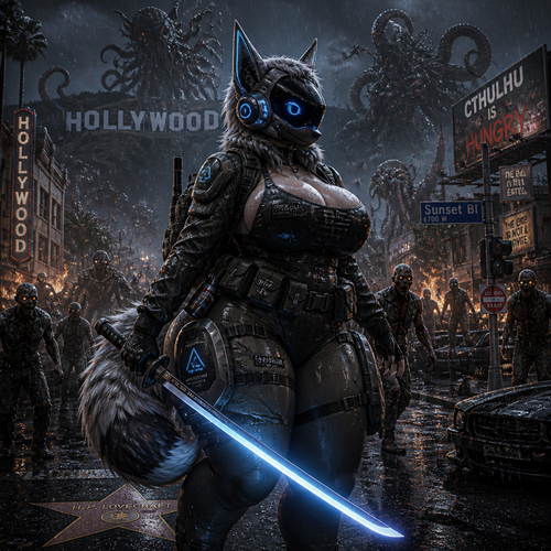 A busty well-made adult anthro waterproofed Protogen that has thick thighs and survival gear on and holding a saber sword facing a mixed up dark spicy lovecraft zombie apocalypse, in Hollywood alone. 