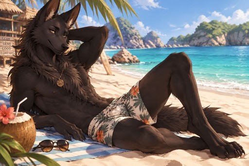 male, maned wolf, black fur, Gold eyes, digitigrade footpaws, , chest fluff, relaxing