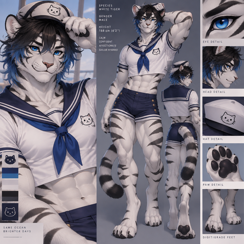 Male, anthro white tiger, digitigrade footpaws, thick black hair with blue tips, blue eyes, sailor tin nyanko
