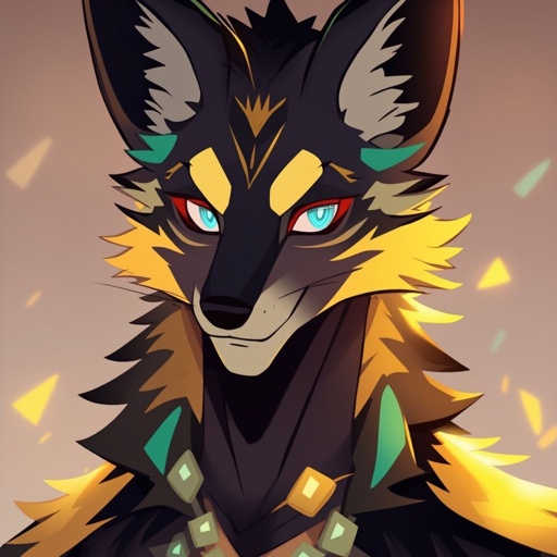 Anthropomorphic, Jackal, male, black, tan, cyan, gold, tall, mysterious, kind, smiling, alluring, captivating, quality, high definition