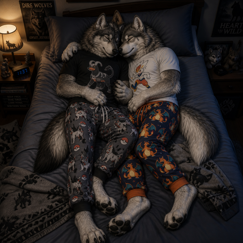 Twin male dire wolfs sleeping on a bed cuddling together. One dire wolf is wearing mightyena theme pajama pants and a houndoom theme shirt. The other dire wolf is wearing Charizard theme pajama pants and Cinderace theme shirt. Full body
