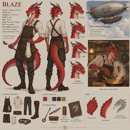 A lanky male anthropomorphic dragon with red scales named Blaze in the steampunk era, works on a airship named the “Silver Dragon”, is the cook, reference sheet, one big picture