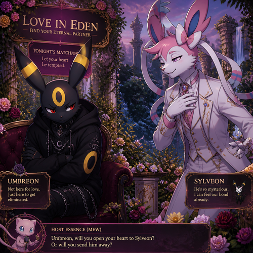 In a dating live show at the garden of Eden (a well-made animated version) a grown non-rich anthro Umbreon male that wears a gothic hoodie that is unhappy and doesn’t want to be there and wanted to lose and Don’t like this super rich grown anthro Sylveon male that wears some elegant clothes who likes him. In a well-made anthropomorphic Pokemon universe.