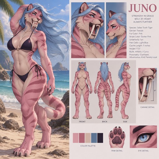 A stunning female anthropomorphic saber tooth tiger named Juno, has pink fur and darker pink stripes and tan underbelly, has 7 inch long canines, has long light blue hair, is on a beach with wind blowing through her hair, reference sheet