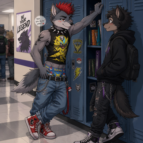 A middle school aged male grey dire wolf wearing saggy jeans with Pokémon themed boxers poking up above the waistband, a zeraora themed tight sleeveless shirt, a pair of red high top shoes, and a spiked collar snug around his neck with a wolf skull emblem hanging off it, with a short red mohawk hairstyle. He is at his locker at the high school flirting with a male friend. Anime art style, full body.