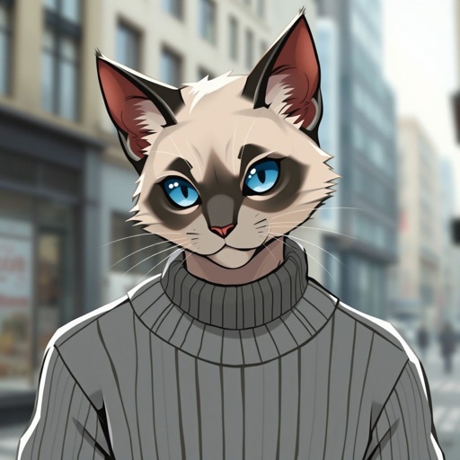 manly face, accurate siamese cat, gray sweater, male, smooth head