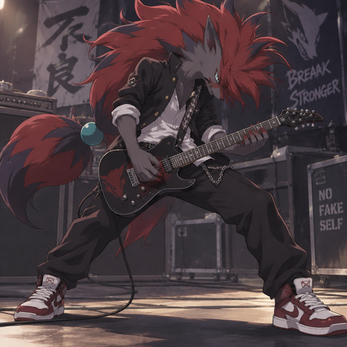 A high school aged male Zoroark dressed like a delinquent. Playing an electric guitar and head banging. Anime art style, full body.