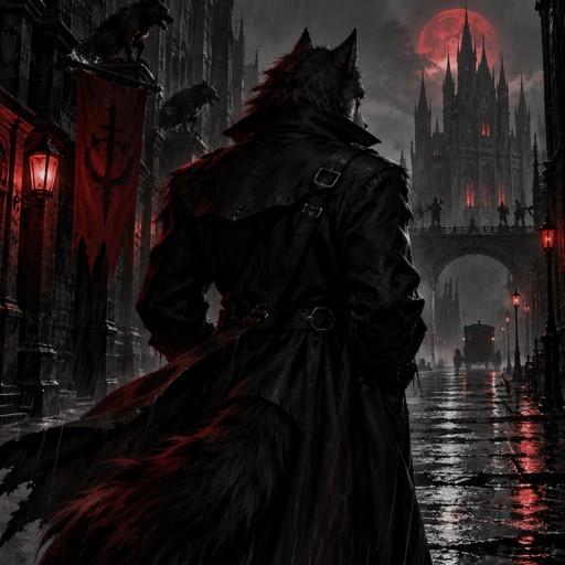 a avatar portrait of a Silhouette from the back, male fury wolf, use red color pallet