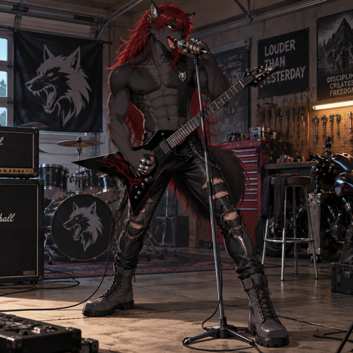 A high school aged male anthropomorphic black wolf wearing torn leather pants, shirtless showing off a 4 pack of abs, long red hair, 4 silver wolf skull rings, gold earrings located at the curve of his right ear, and grey leather combat boots. He is in his garage shredding on a guitar and singing into a microphone. Anime art style, full body.