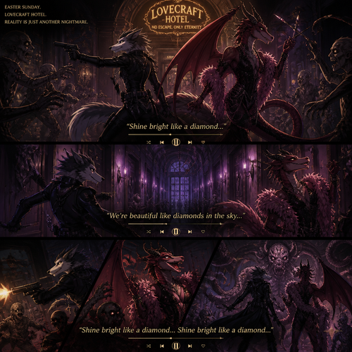 A well-made homosexual male character, Sergal and the drag queen a sexy male Dragon, both facing the living dead inside the lovecraft hotel on today’s Easter. A badass teamwork. A horror animated version of reality. Side view. Does better with music (much like Rihanna’s Diamonds)