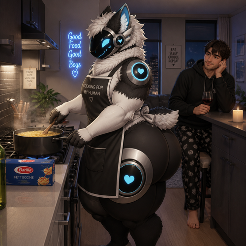 A well-made homosexual fluffy gay Protogen male character who lives in a modern apartment with his human and waiting while cooking some pasta dinner. Has thick thighs, wide hips, big butt, and has short tail also wears an apron.