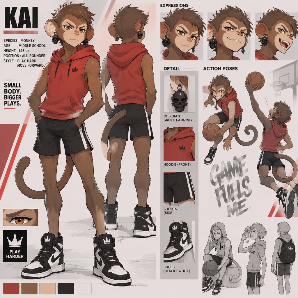 A middle school aged male monkey with a tail wearing tight black short sports shorts, red sleeveless hoodie, black and white shoes, and big obsidian skull earrings in both ears. Reference sheet, anime art style, sport theme.