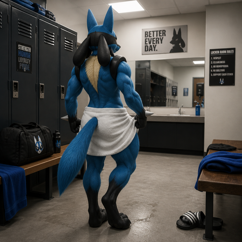 A male Lucario at the men’s locker room. Friendly and Gay. Well-made version. back view.