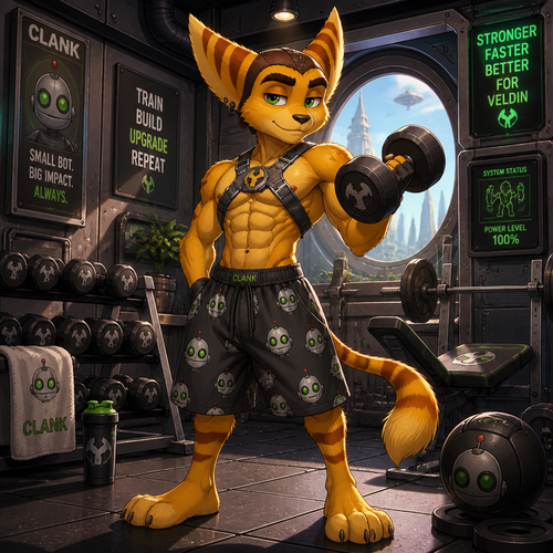 Ratchet from Ratchet and Clank wearing loose Clank themed shorts, a grey leather harness showing off a 16 pack of abs, and obsidian earrings. He is at home in his gym lifting weights. Anime art style, solo, full body.