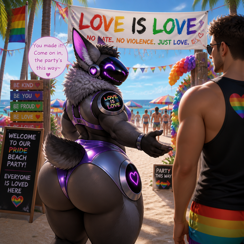 A well-made homosexual fluffy gay Protogen adult male character that wears a swimsuit and has thick thighs and a big round buttocks also has a short tail who’s invited a man into a party at the beach and has both nice views where love is love in pride month and there’s no hate and violence allowed.