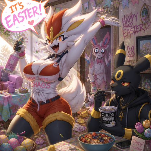 A busty well-made fluffy female Pokemon character, Cinderace. Who celebrates on today’s Easter Day and shouts its Easter! And wrecking up a place like a party girl. A cute but creepy male Sylveon just watches upsetting while a male Umbreon is eating a healthy yogurt. A anthropomorphic verse. Spring.