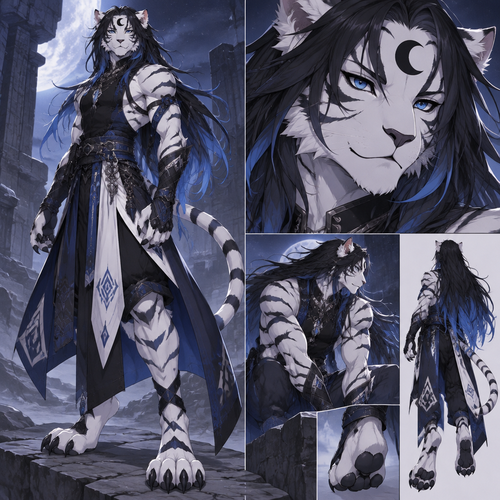 Male, digimon, white tiger, blue eyes, long black hair with blue tips, digitigrade footpaws, black sideways crescent on forehead, anime style