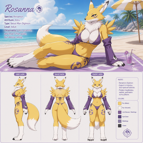 A well-made anthropomorphic female digimon character, Renamon. Her name is Rosanna. Getting a suntan around the beach. Has a fluffy chest. Animated verse. Her Side, back, and front views.
