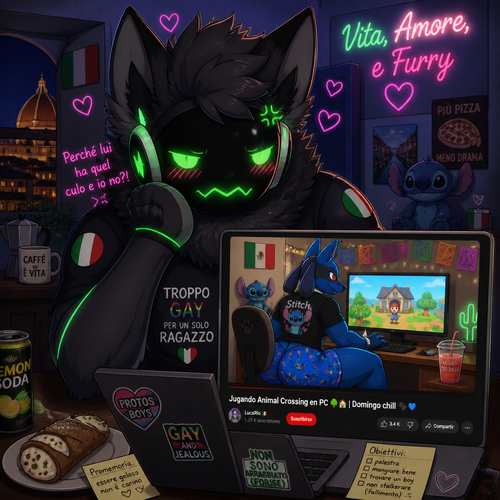 A jealous fluffy gay male Protogen (lives in Italy), who uses his laptop and see a video of a male gay Lucario (lives in Mexico and a stitch fan) with thick thighs and buttocks playing a game called animal crossing on PC. Animated verse. Front view. 