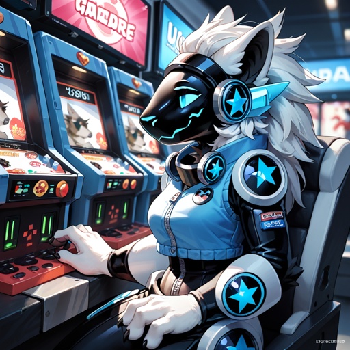 A well made pansexual female Protogen plays video games in the arcade.